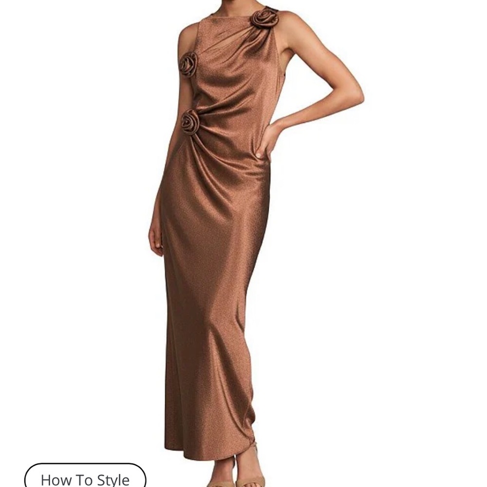 Cheyanne Satin 3D Rosettes Cutout Round Neck Sleeveless Ruched Slip Maxi Dress